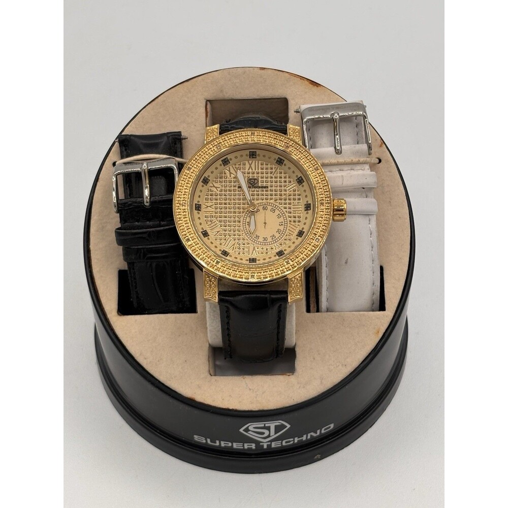 NEW Super Techno Mens Watch I-5371 Gold Tone Diamond .12 CT READ NOTES